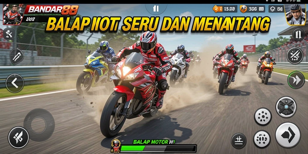 Tampilan antarmuka <strong>BANDAR88</strong> saat balapan, memperlihatkan motor dan trek yang menegangkan.