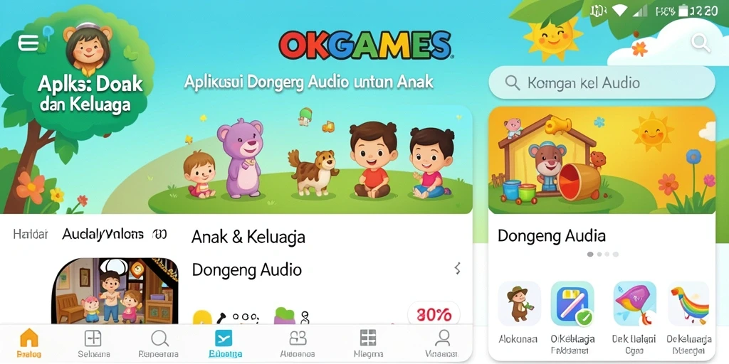 Antarmuka aplikasi OKGAMES menampilkan berbagai pilihan dongeng audio untuk anak-anak.